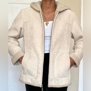 JONES NEW YORK Cream Off white fleece lined hooded jacket faux suede size M
